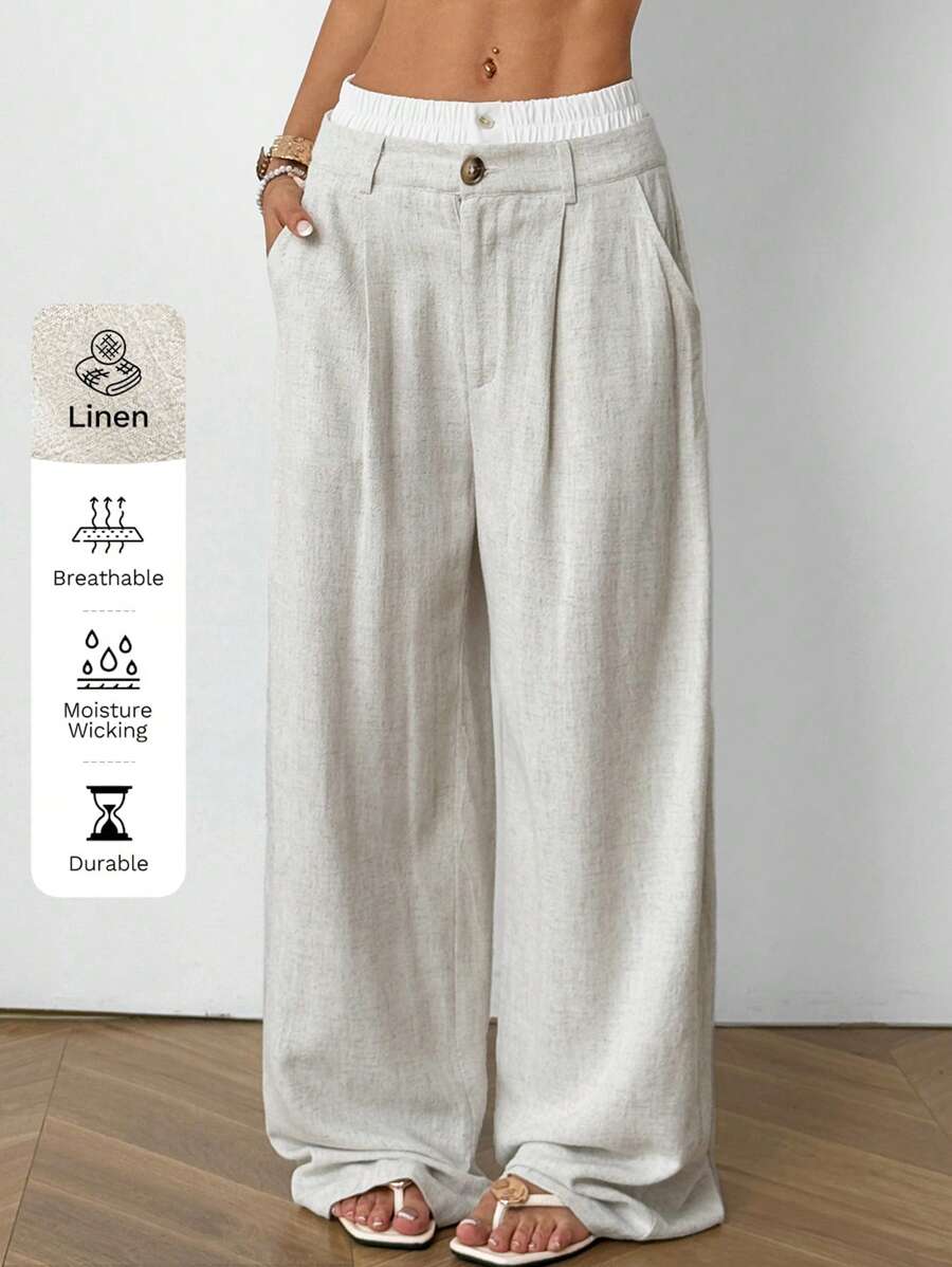 SHEIN EZwear Apricot Linen Woven Women's Wide-Leg Pants, Double Waist Knot, Simple And Fashionable, Suitable For Summer Seaside Vacation