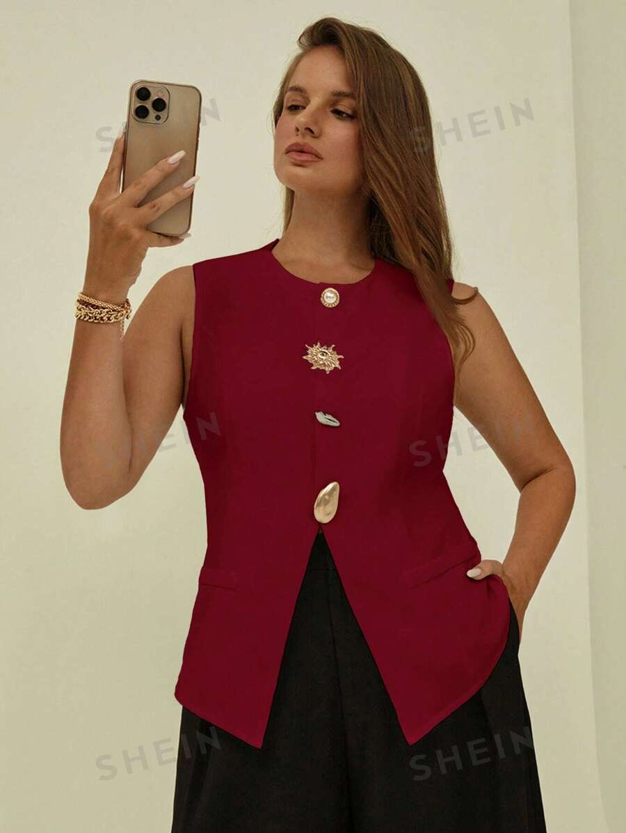 Auralis Blazer sin mangas elegante con decoración de botones dorados para mujer de talla grande, estilo casual de negocios para verano, elegante, crop top para salir, para mujeres, estilo antiguo dinero, top elegante y clásico