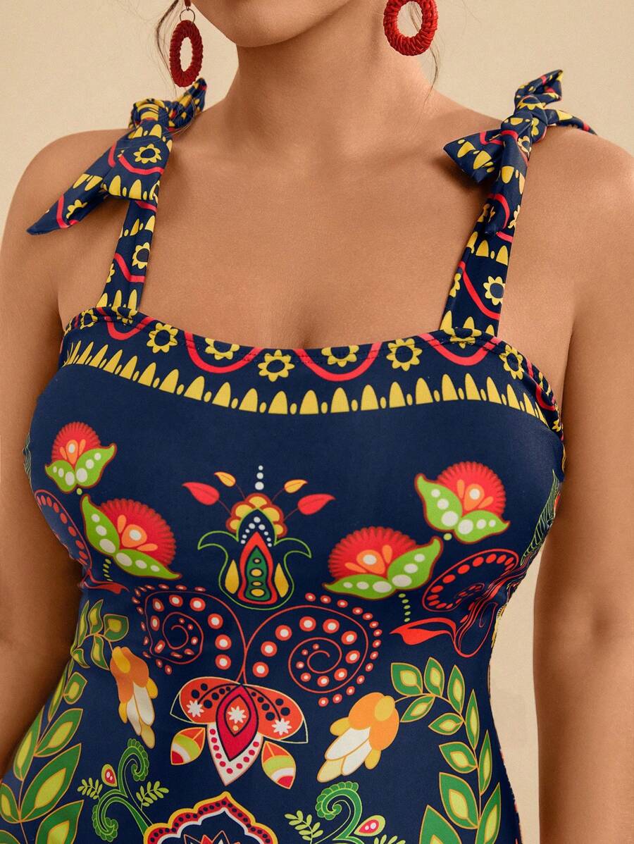 Travachic Traje de baño de talla grande para mujer con estampado retro tropical, lazo en los hombros y envolvente