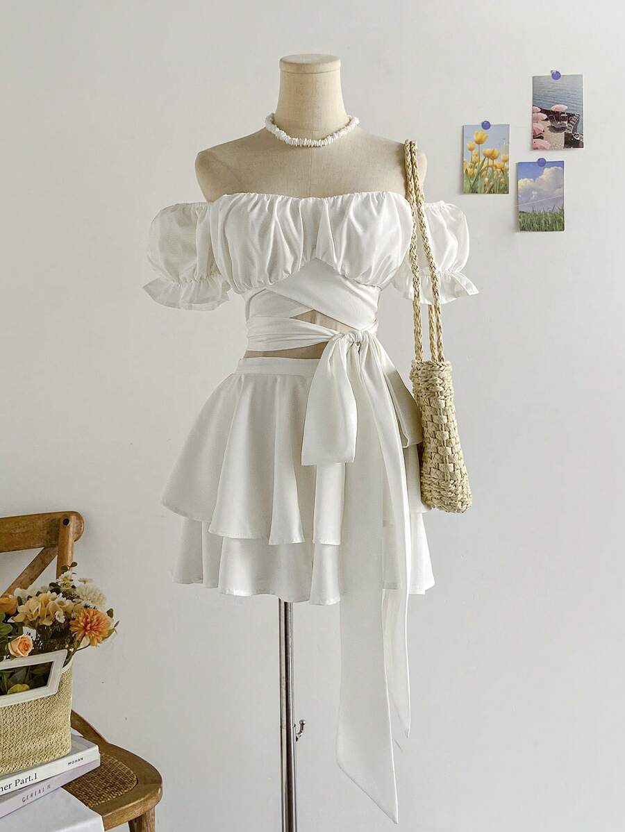 Soleia Tie Front Off Shoulder Top & Layered Hem Skirt