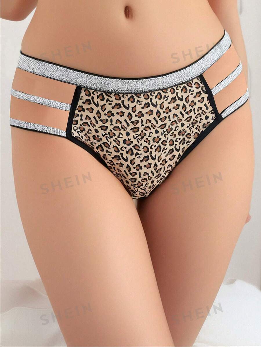 ROMWE Grunge Punk 1 pieza Ropa interior de tela de PU con estampado de leopardo, de cintura elástica en tono negro punk plateado