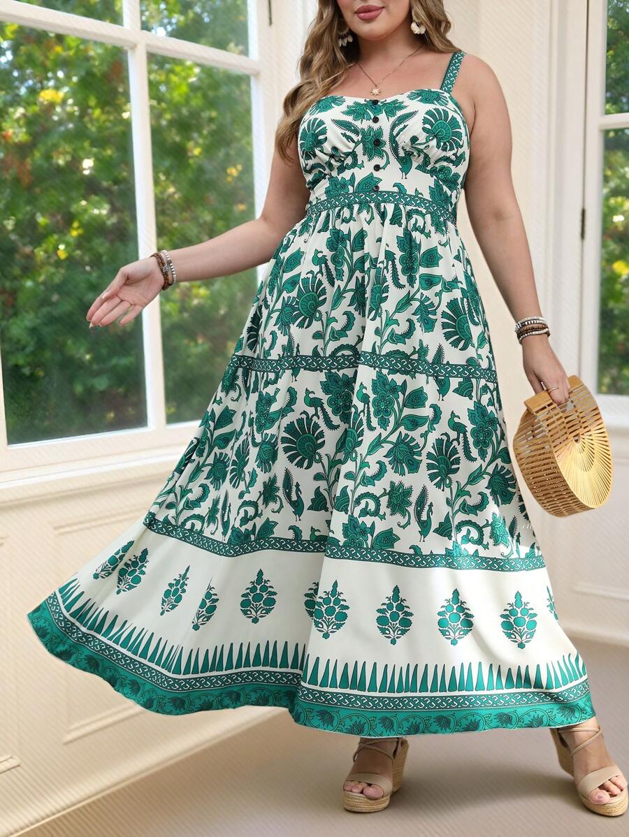 SHEIN Holidaya Abito estivo alla moda, retrò ed elegante, con stampa floreale verde, senza maniche, adatto per vacanze