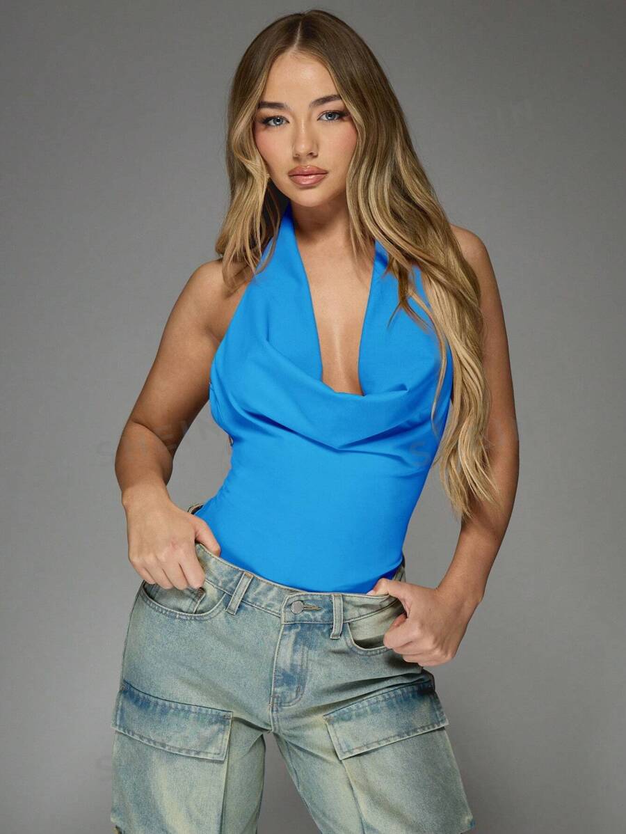 MISSGUIDED Body de cuello de capucha, estilo halter, espalda descubierta, ajustado al Body, para fiesta, club, salida nocturna, baile, de una sola pieza, para verano y primavera, de ajuste ceñido