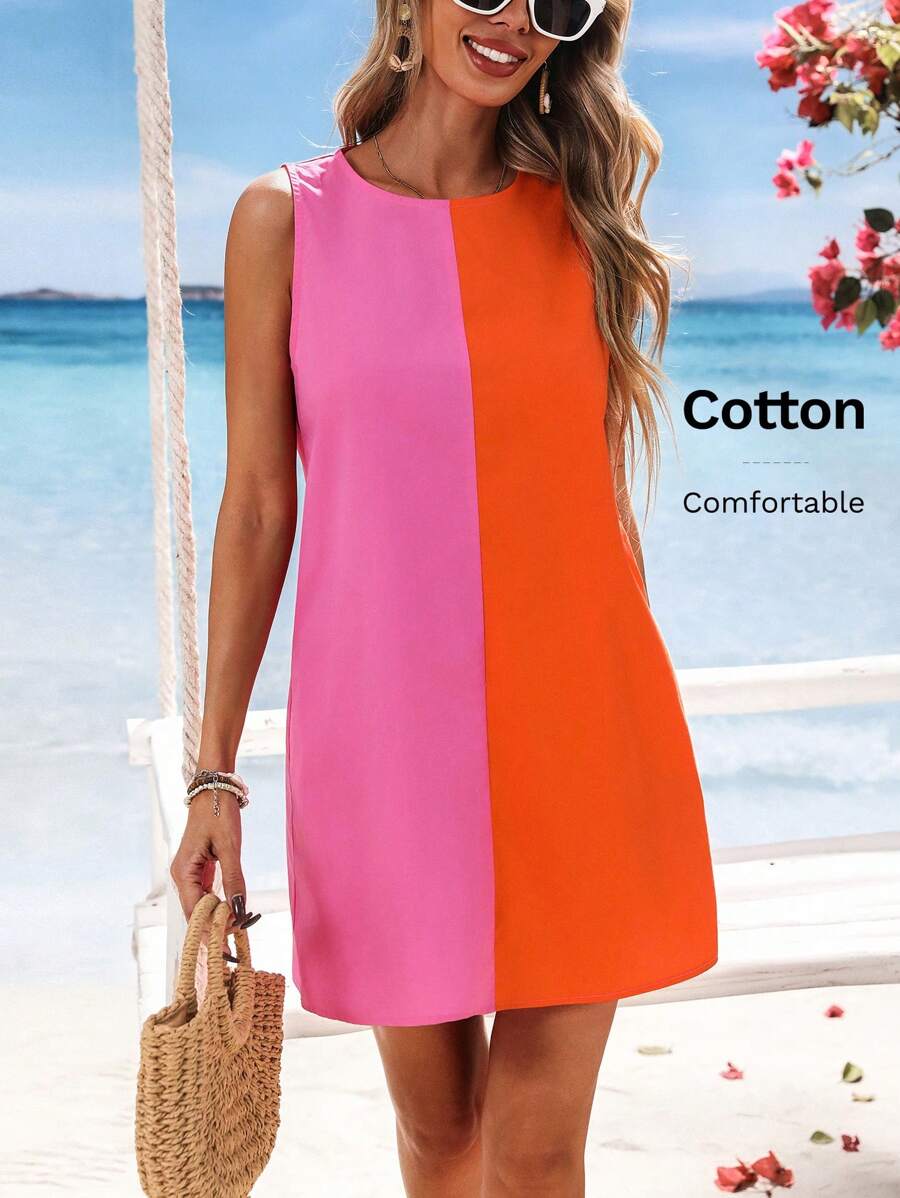 Vivid Eden Woven Color Block Round Neck Sleeveless Fitted Mini Dress For Women Spring And Summer Outfits,Summer Clothes,Valentine's Day,Vacation Outfits Woman,Beach Outfits For Woman, Festival,Romantic And Elegant Clothing,Bohemian,BOHO, Sweet, ,Rave Outfits Festival,Tropical Vacation Woman Clothes,Carnaval