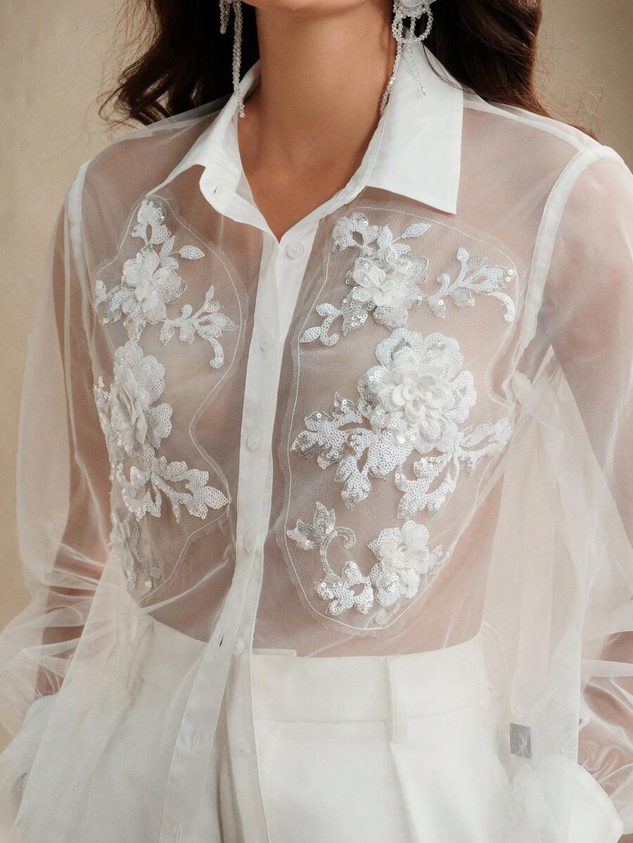 Anewsta Elegante blusa da donna di , semi-trasparente, con ricamo 3D, decorata con perle e strass, adatta per primavera/estate, festival, laurea, estate, elegante, spiaggia, vacanza, casual