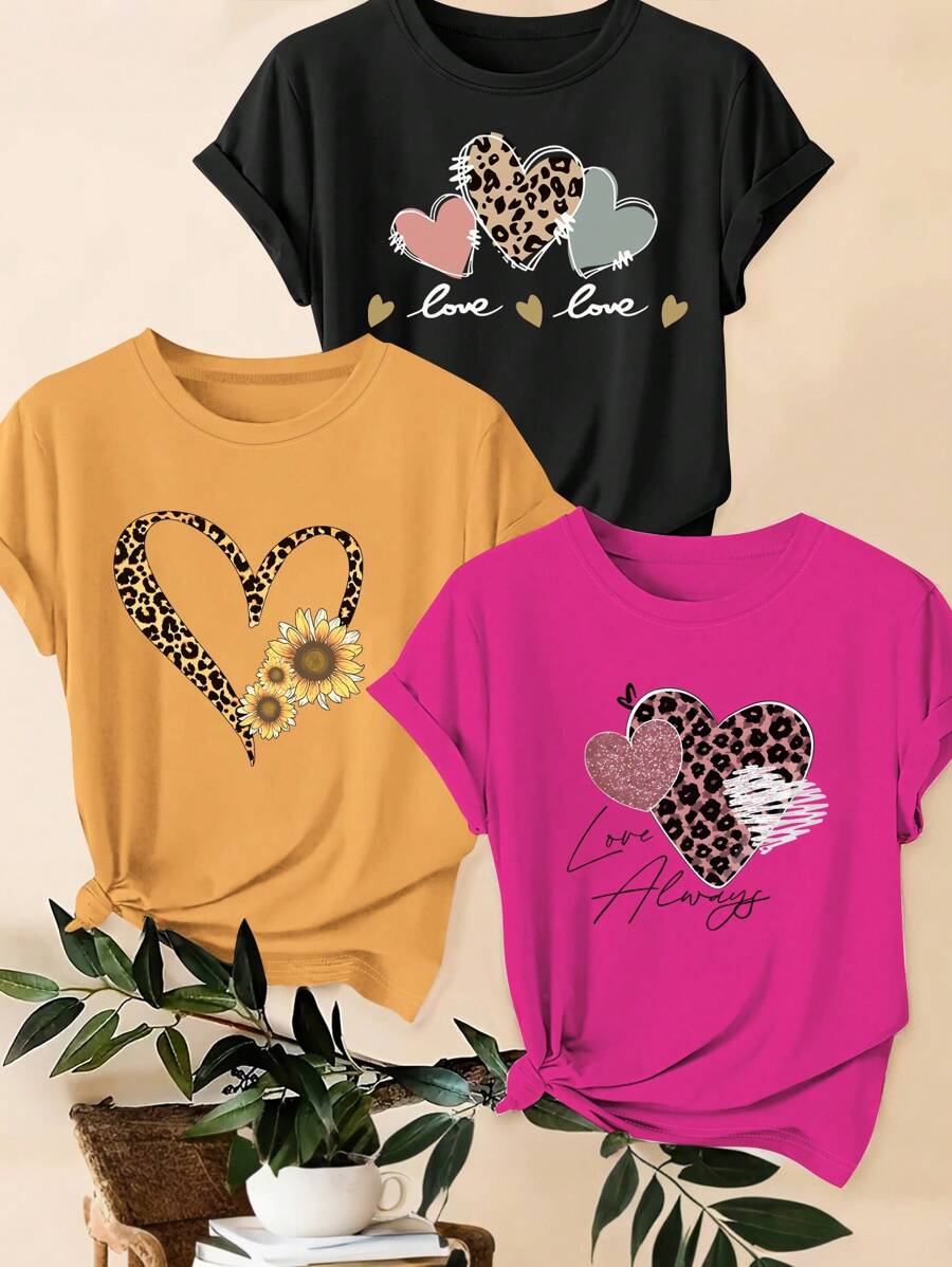 SHEIN LUNE 3pcs/Set Plus Size Casual Leopard Print, Heart & Slogan Graphic Print T-Shirts, Summer