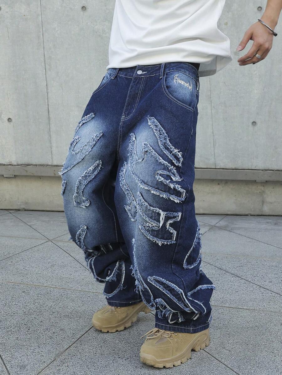 Manfinity EMRG Men's Casual Blue Loose Fit Distressed Pockets Wide Leg Jeans Baggy Jeans Men Design