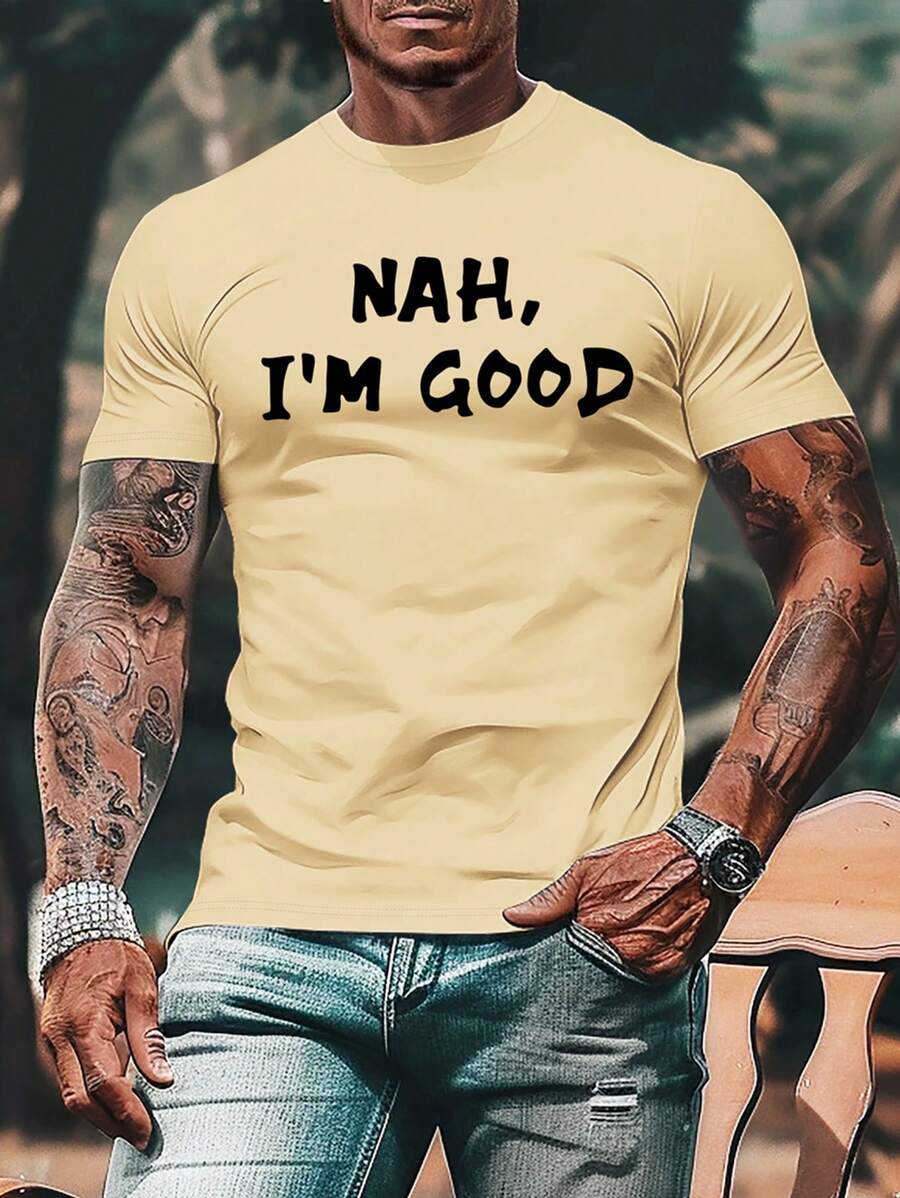 Manfinity Homme Camiseta de manga corta casual de hombre con estampado de eslogan, de verano