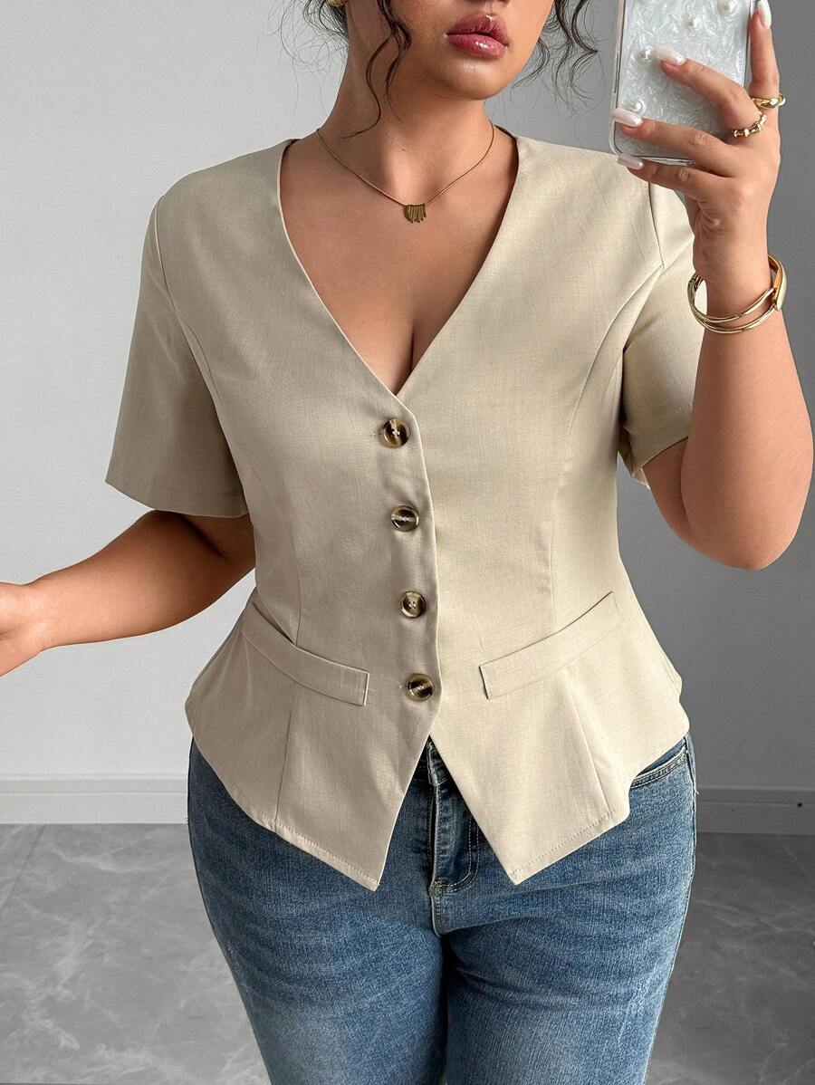 Elenzga Blusa de manga corta con cuello en V de estilo francés para mujer talla grande, de verano