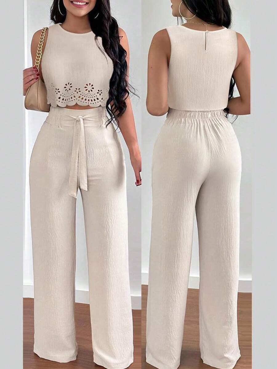 INAWLY Conjunto casual de 2 piezas para mujer compuesto por camiseta sin mangas de cuello redondo y pantalones rectos de tirantes huecos, elegante para vacaciones