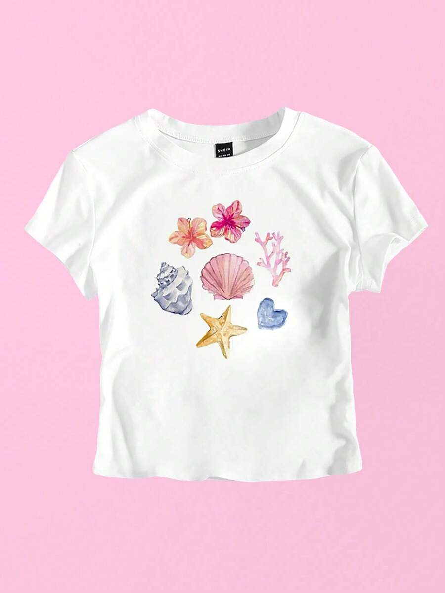 SHEIN Camiseta casual de manga corta y cuello redondo con estampado de estrella de mar para niñas preadolescentes, apta para el verano