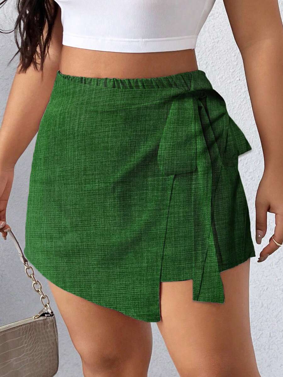 Breezaya Plus Size Women Side Knotted Asymmetrical Hem Casual Skort Faux Denim