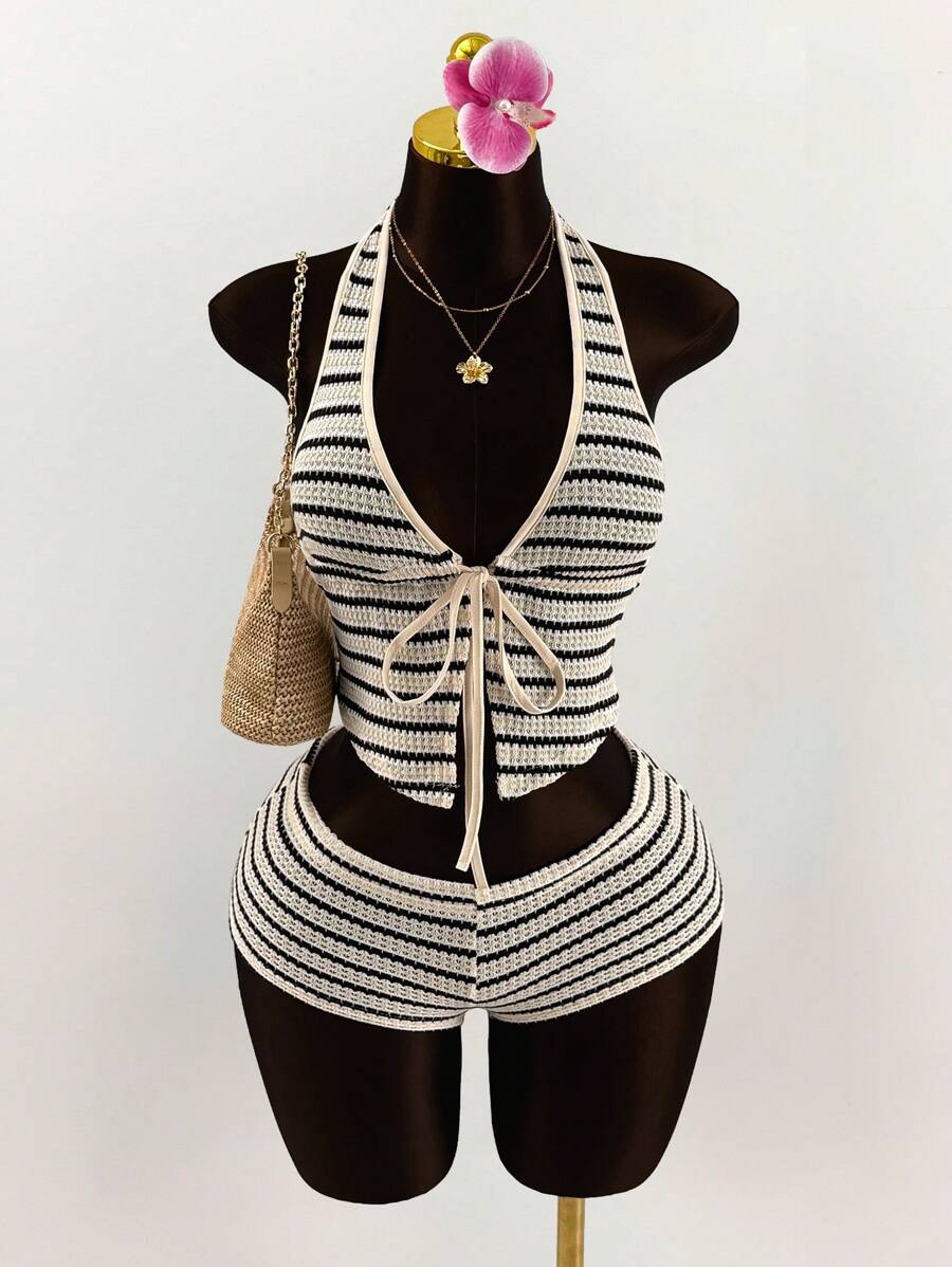 Amplova Boho Vacation Summer Outfits For Women Vacation Outfits 2pcs Set Plunging Neck Tie Front Very Low Waist Striped Mini Shorts Island Vacation Outfits