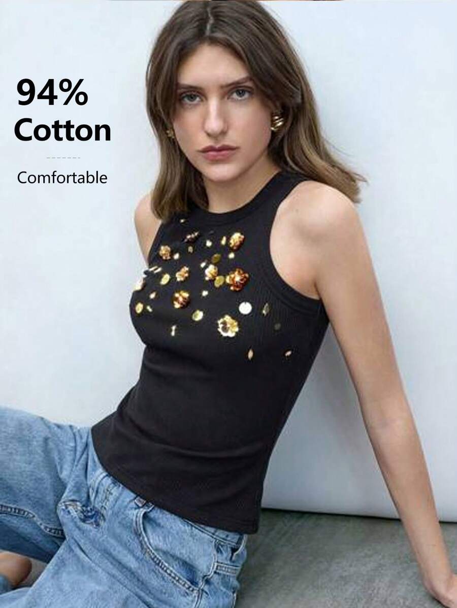 Maija Top sin mangas con decoración floral metálica y cuello redondo, cómodo. Versátil para festivales de música, fiestas y estilo retro