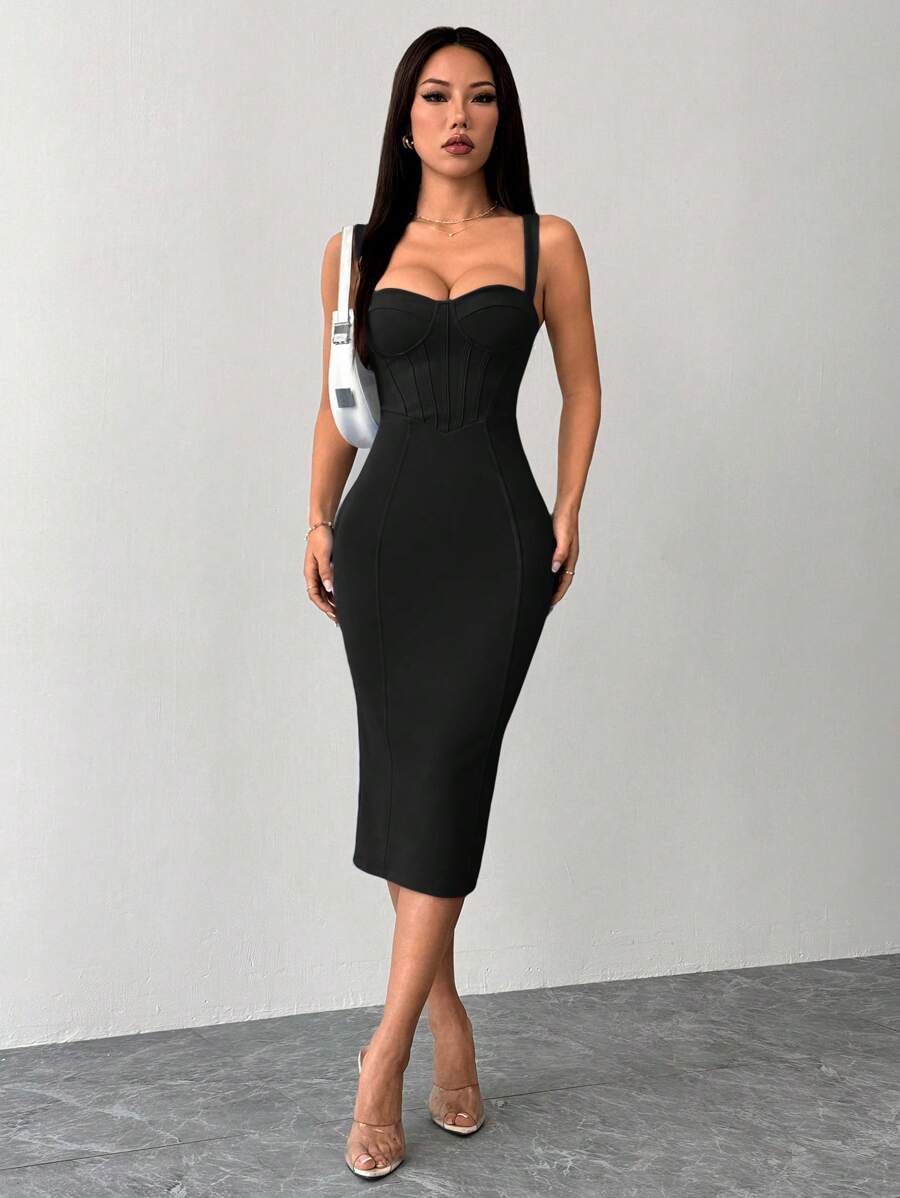 SHEIN PETITE فستان أزرق ضيق مناسب الوسط والوركين، بتفاصيل خلفية وخصر معزز