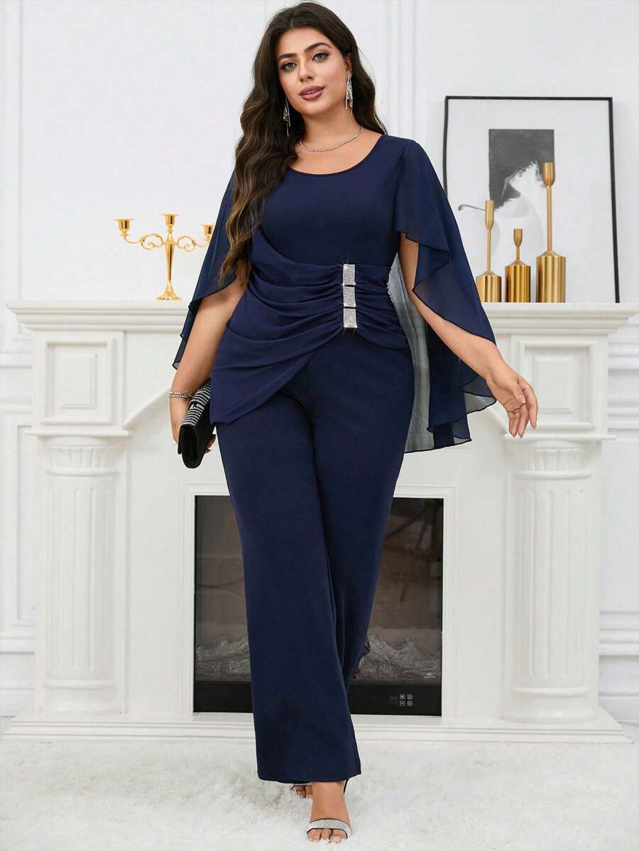 SHEIN Clasi Tuta elegante con rouches e abbinamenti di colore tinta unita per taglie forti