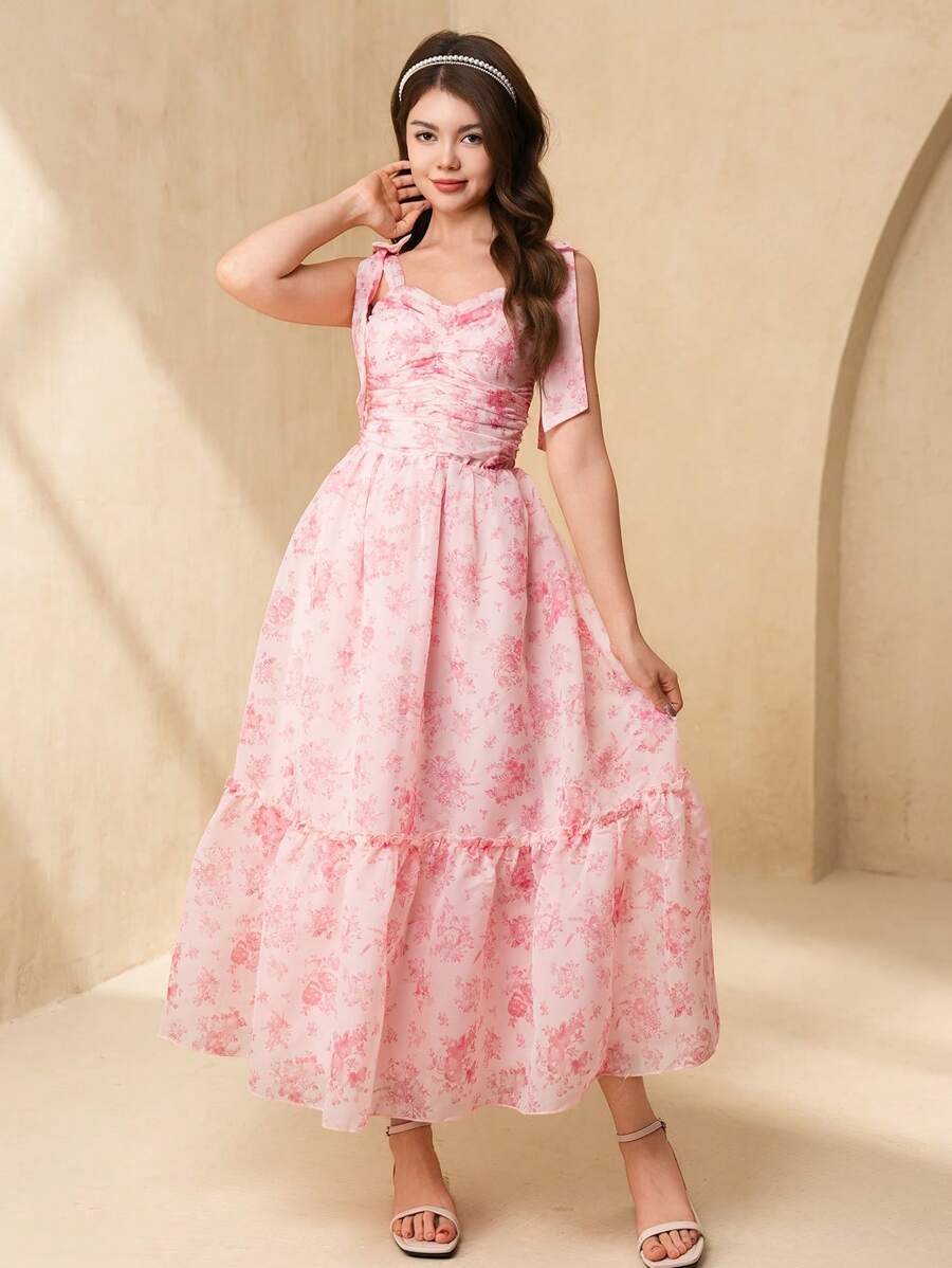 SHEIN Vestido con estampado floral elegante y tirantes desmontables, perfecto para adolescentes, bodas y ocasiones formales