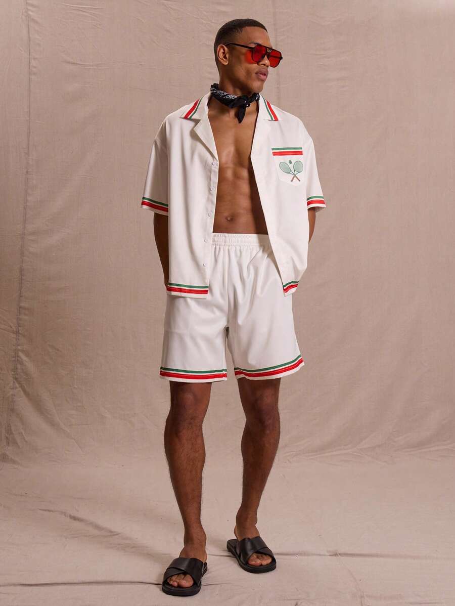 Musero Pantalones cortos de satén con estampado y ribete de contraste en talla grande, solo para primavera, verano, vacaciones y Pascua