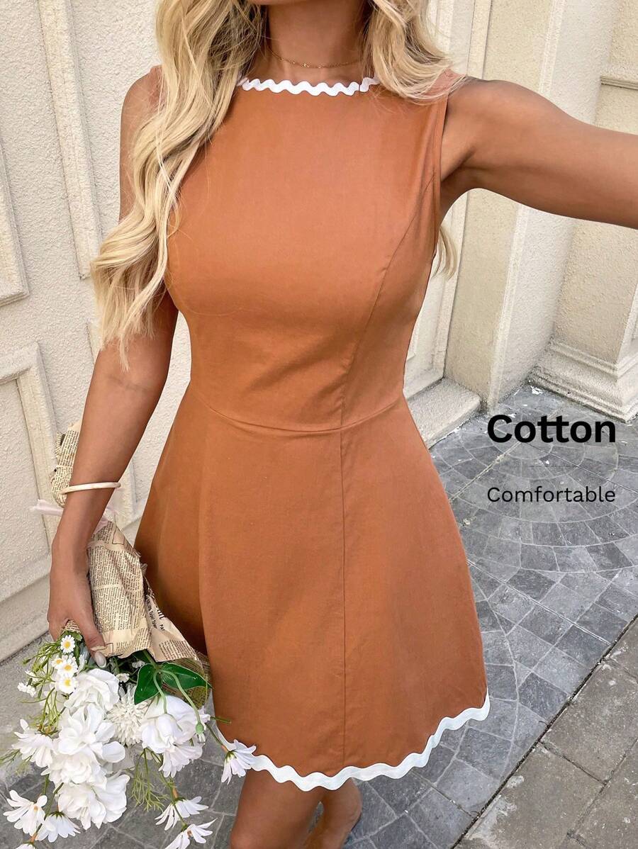 SHEIN LUNE Abito a-line senza maniche con scollo a nodo, motivo a onde a contrasto, adatto per vacanza casual ed elegante per le donne