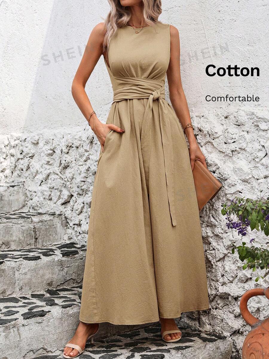 SHEIN Clasi Vestido simple y casual con cuello redondo, sin mangas, bolsillo y superposición de unicolor para mujer