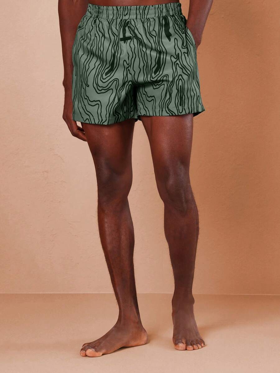 SUMWON Topographic Pattern Swimming Trunks Beach Vacation Summer Pool Shorts Mid-Length Athletic Surfer Style Swimwear Drawstring Closure Active Lifestyle Beach Ready