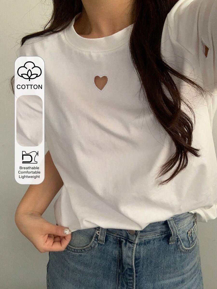 DAZY Women Loose Fit Heart Cutout Short Sleeve T-Shirt, Stylish Design