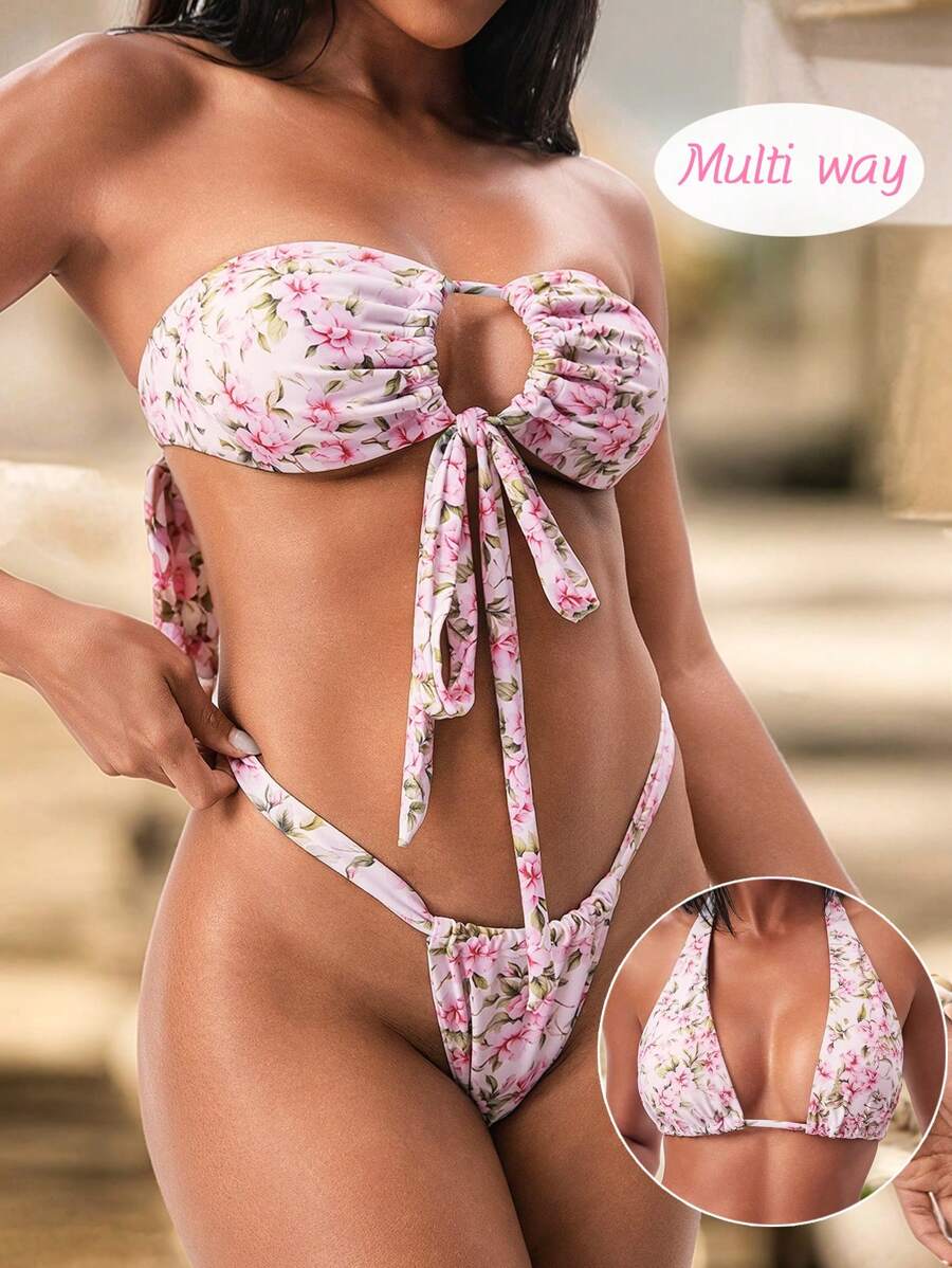 SHEIN Bikini sexy da donna per vacanza, costume da bagno a due pezzi con stampa floreale ditsy francese multifunzione, stile halter e bandeau, stile europeo e americano
