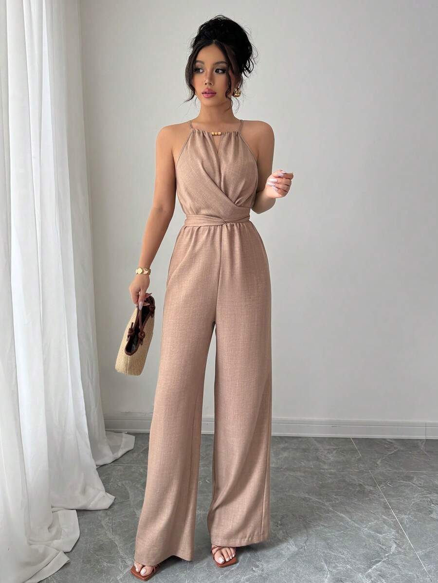 Elenzga Mono largo informal de mujer para primavera/verano de tela arrugada caqui con escote halter, cuentas en la cintura, diseño con botones y cordón