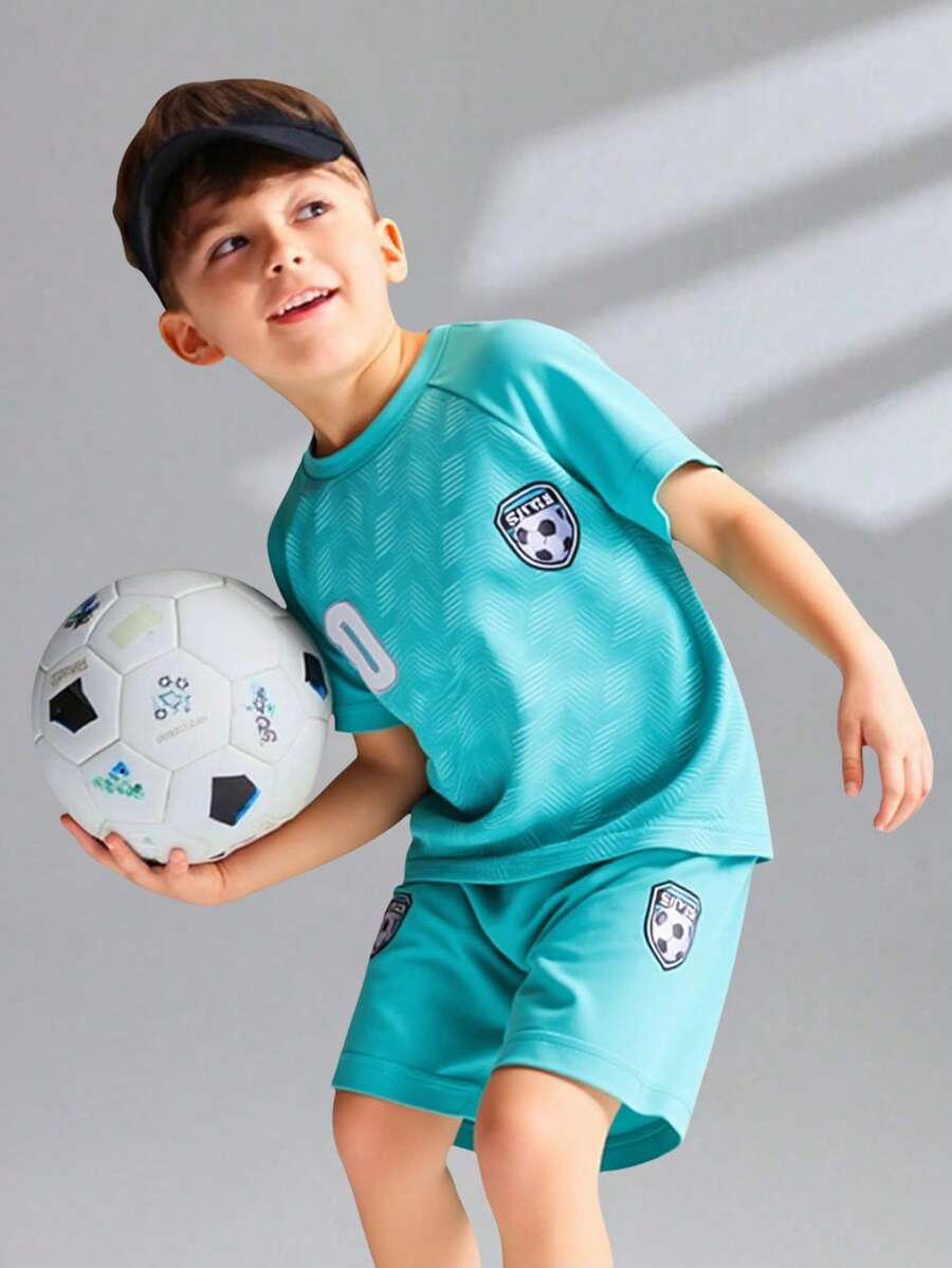 SHEIN 2 Pieces Set: Soccer Print Raglan Sleeve T-Shirt And Shorts Set, Casual Outfit For Young Boys Summer Holiday