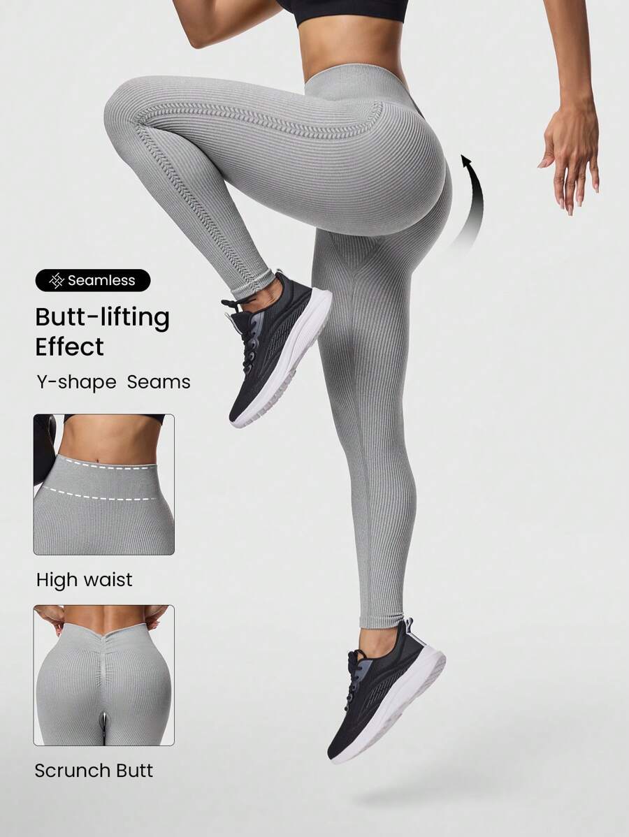 Seamluxe SHEIN Sport 1 pezzo Leggings sportivi, design con motivo a orecchie di miglio ai lati + design in vita a V, colore grigio, lunghezza alla caviglia, senza cuciture, vita alta, adatti per yoga e fitness