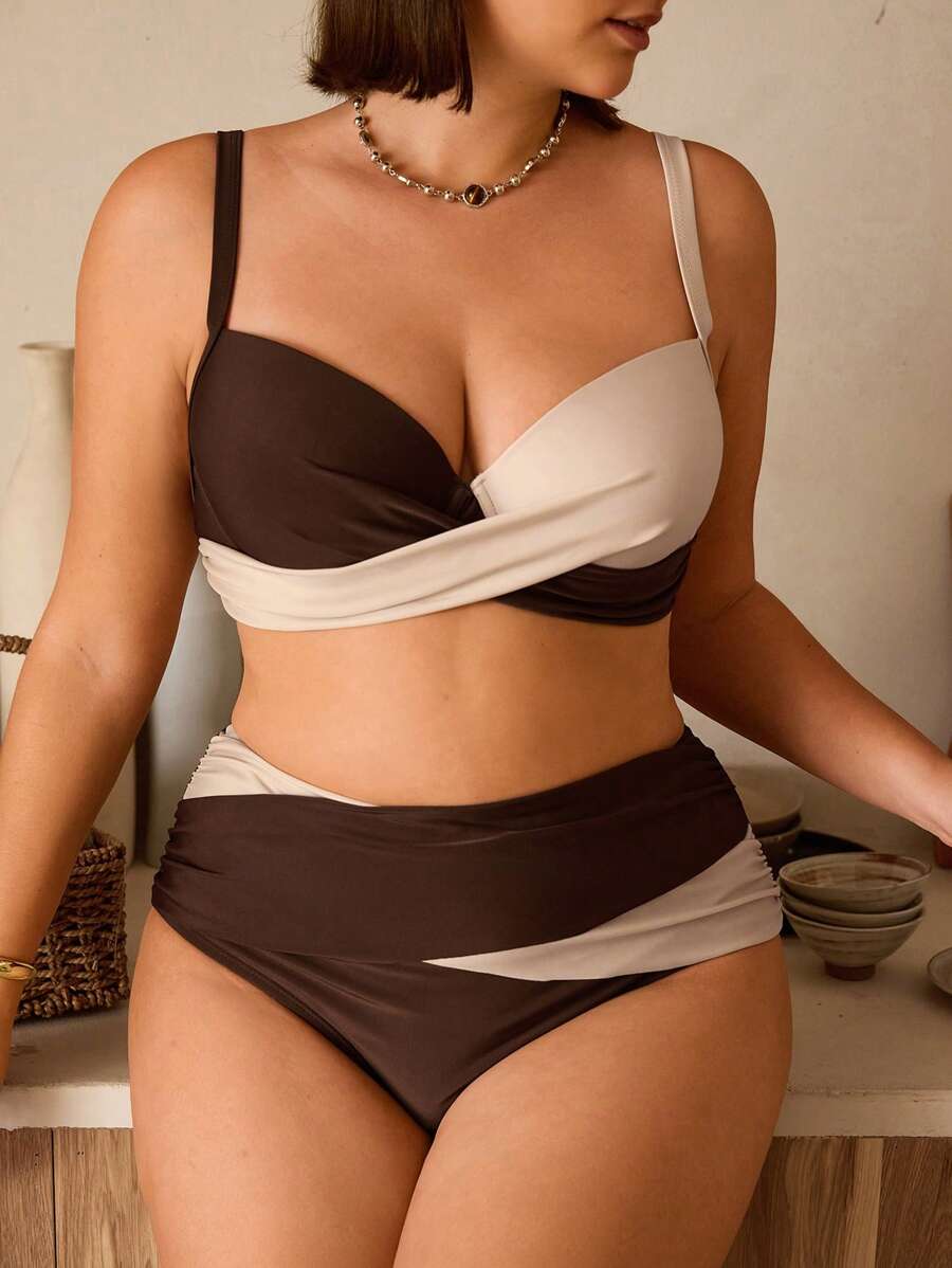 Swim Vcay Conjunto de traje de baño con aros para tallas grandes con bloques de color para vacaciones
