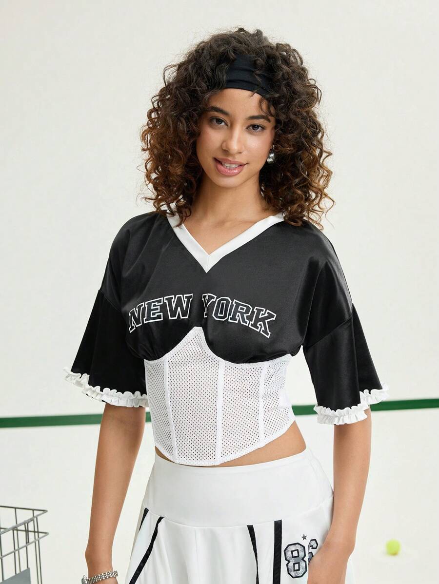 SHEIN MOD Maglietta sportiva con vita in contrasto bianco e nero, Maglietta estiva dolce, abbigliamento da donna in stile college, completo per ritorno a scuola e rave