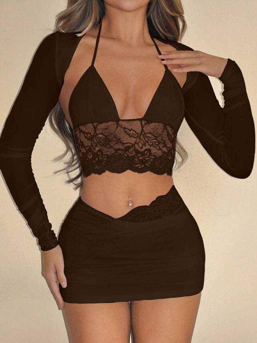 SHEIN ICON Conjunto sexy de 2 piezas para mujer con top corto halter sin espalda y falda mini ajustado, traje de vestir para fiesta en club