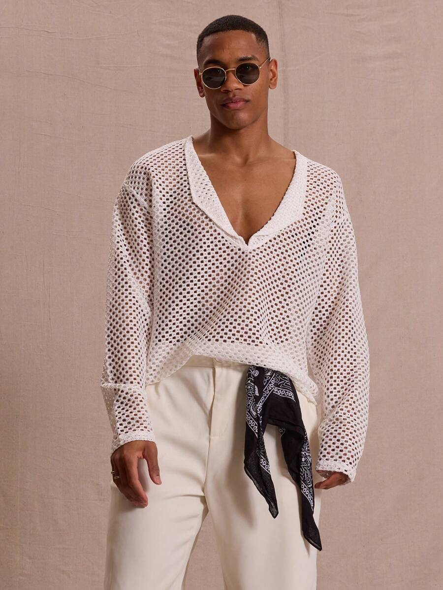 Musero Blusa de cuello en V oversize de ganchillo de manga larga para primavera y verano, ideal para vacaciones y estilo callejero de Pascua