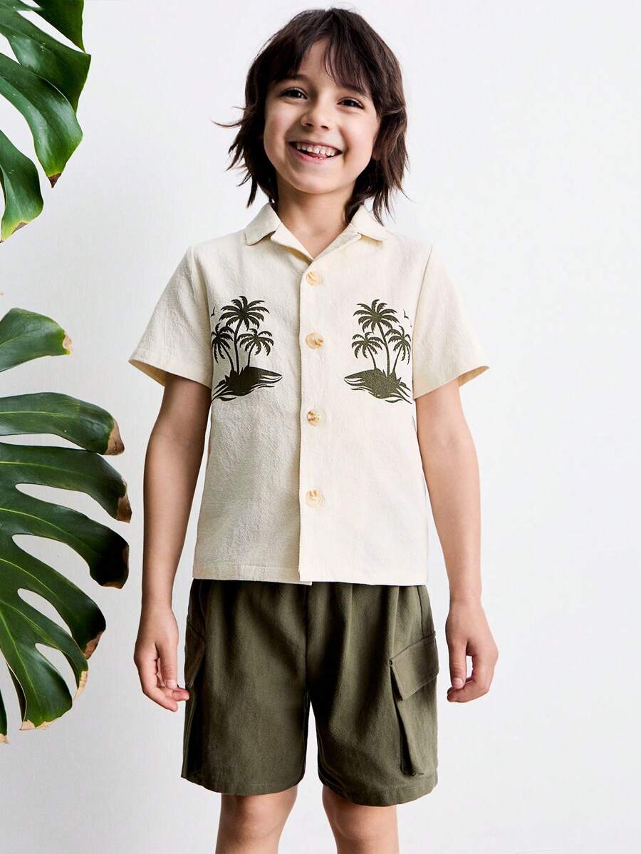 THE HAPPY LOOK Young Boys Summer Beach Coconut Tree Print Shirt And Shorts Set