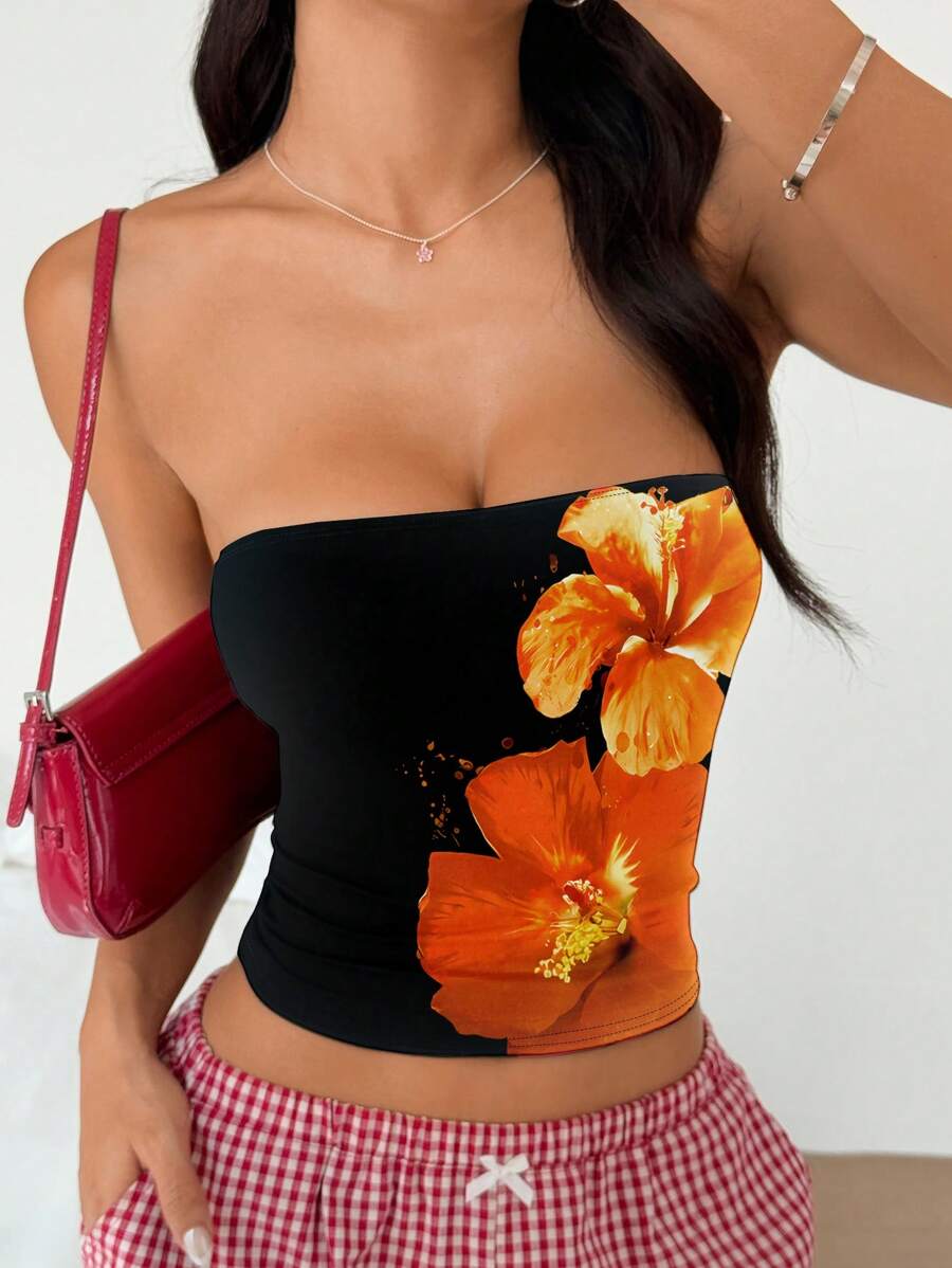 SHEIN EZwear Top tubo a fascia con motivo floreale arancione casual da donna, adatto per l'estate