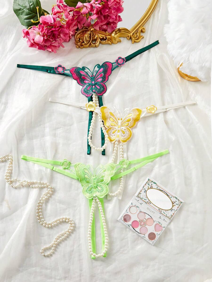 SHEIN 3pcs/Pack Plus Size Women Embroidered Butterfly Open-Crotch Pearl Sexy Panties