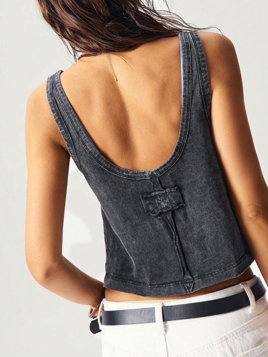 Bohemela Camiseta sin mangas de mujer Bohemela de unicolor, cuello redondo, simple, con lavado desgastado, informal, para vacaciones