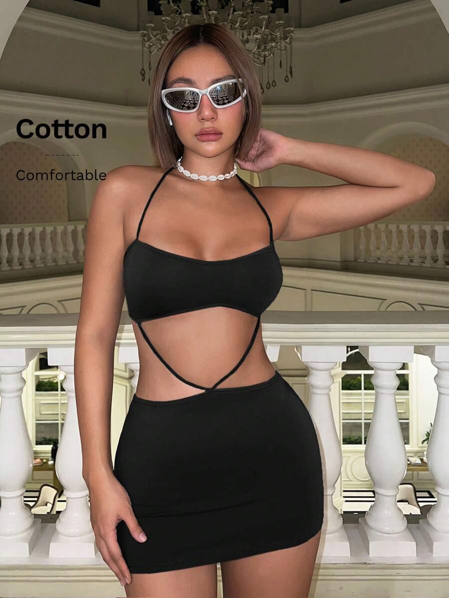 SHEIN ICON Y2k Summer Spring Outfits Women Summer 3-Piece Sexy Bodycon Dress With Spaghetti Straps, Tight Hips, And Halter