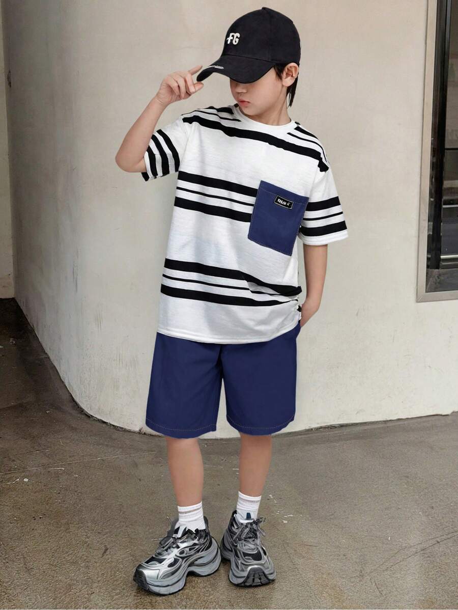 SHEIN Tween Boy Striped Short Sleeve T-Shirt And Shorts Set