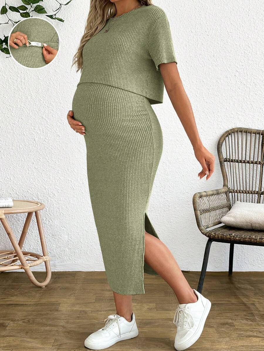 SHEIN 2-delige zwangerschapsoutfit in effen kleur met korte mouwen en rok, zomerse casual outfit