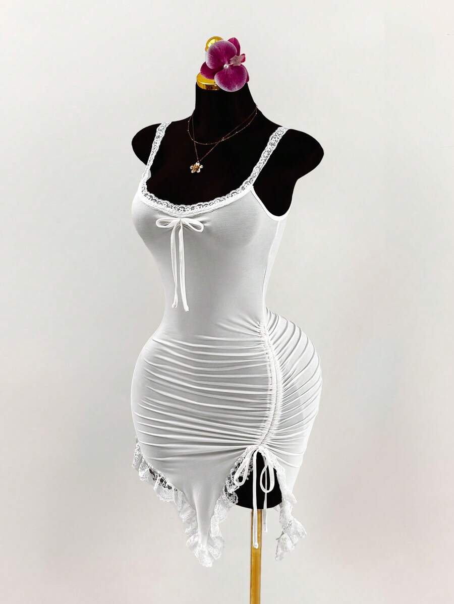 Amplova Boho Vacation Summer Outfits For Women Vacation Outfits Lace Patchwork Bust Ruched Tie Asymmetrical Hem Dress,Summer Dresses For Women,White Dresses For Women,Party Dress
