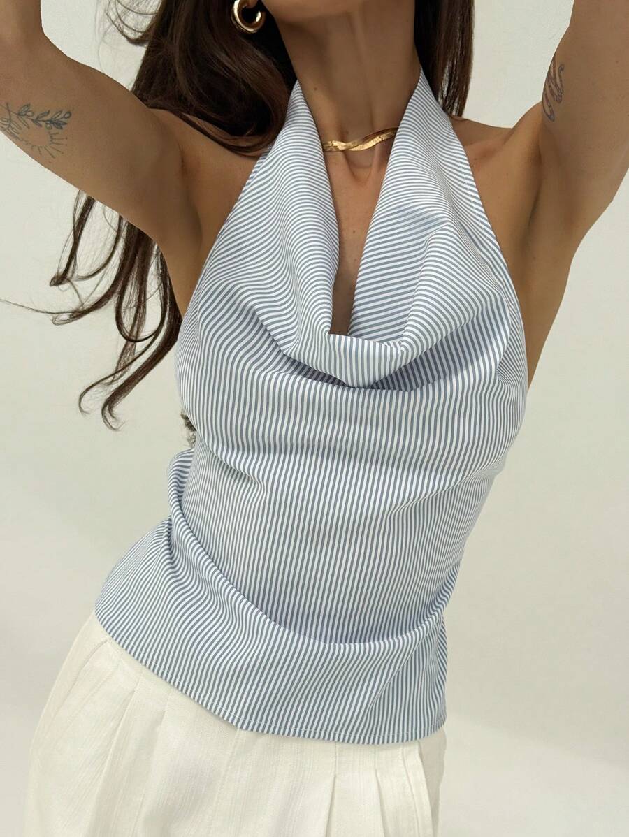 Aloruh Camisa sexy de mujer con escote profundo en V, cuello halter, espalda descubierta y lazo en la parte delantera
