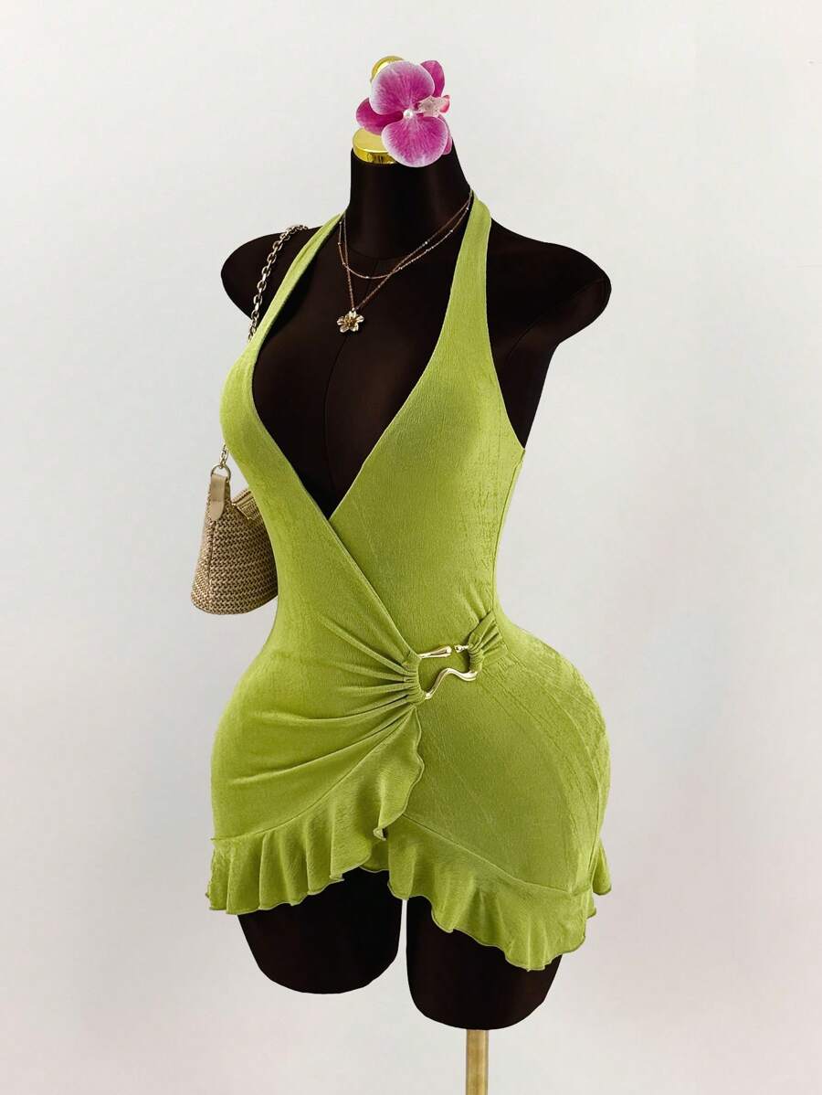 Amplova Deep V-Neck Metal Decor Ruffle Hem Fitted Dress,Mint Green Dress,Bohemian Clothes