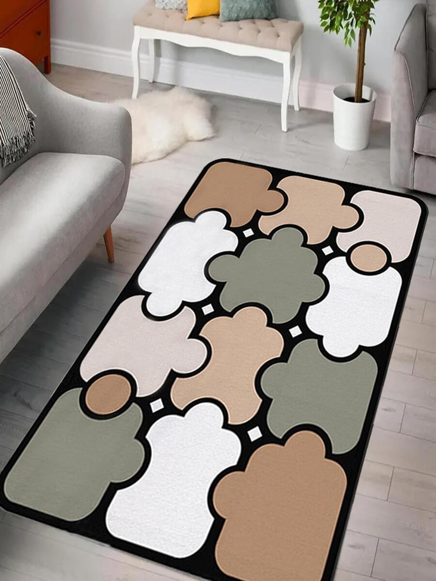 1pc Geometric Pattern Rug, Cartoon Polyester Non-slip Floor Mat For Living Room And Bedroom