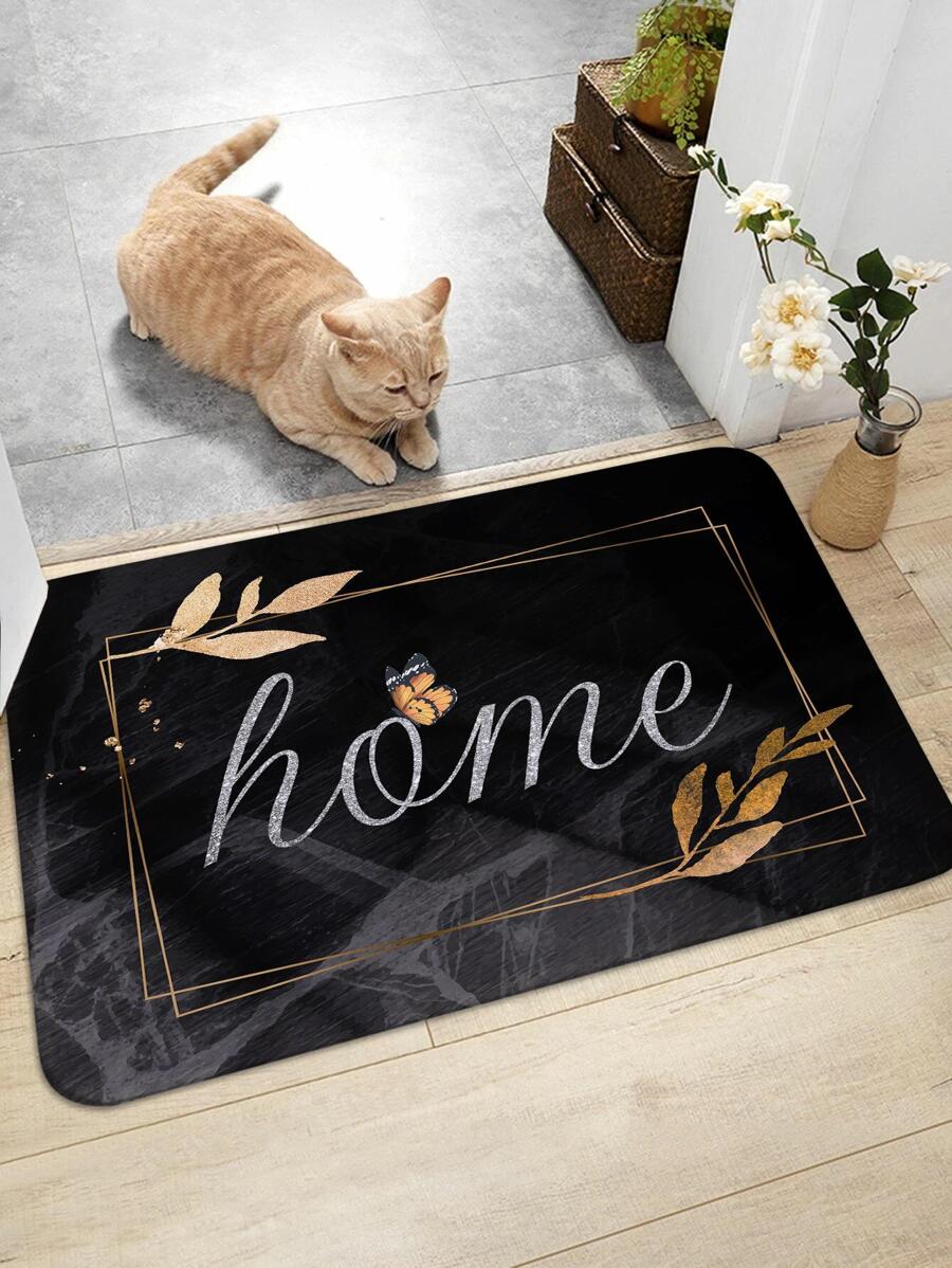 1pc Leaf & Letter Graphic Door Mat, Modern Polyester Anti-Slip Indoor Outdoor Rug For Home ,Room Decor