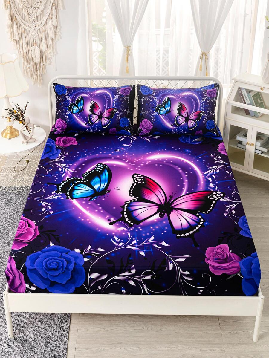 3pcs Colorful Flower & Butterfly Print Sheet Set With 1pc Sheet, 2pcs Pillow Case Without Filler, Modern Soft Fitted Sheet For Bedroom