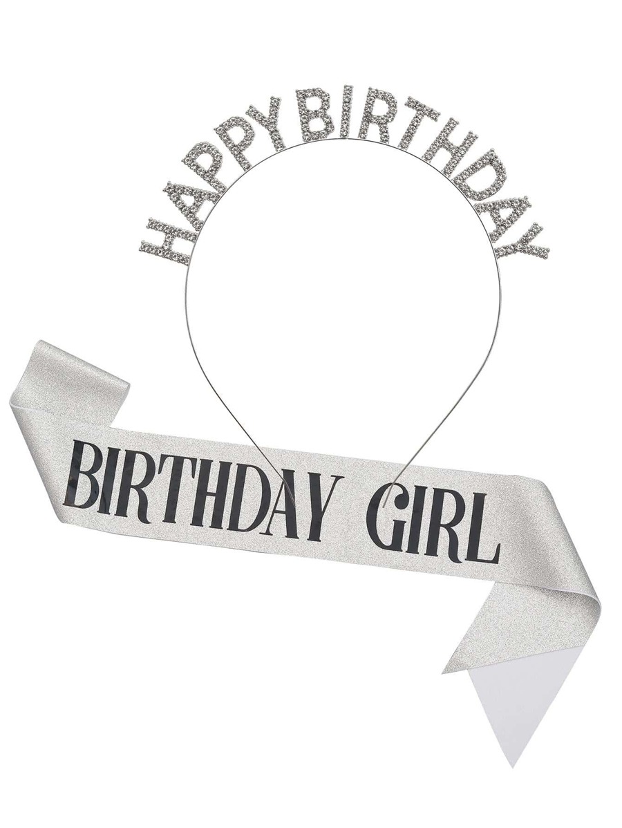 2pcs/Set Slogan Graphic Sash & Rhinestone Decor Party Props-Headband, Modern Plastic Sash & Dress Up Headband Party Photo Prop For Birthday Party