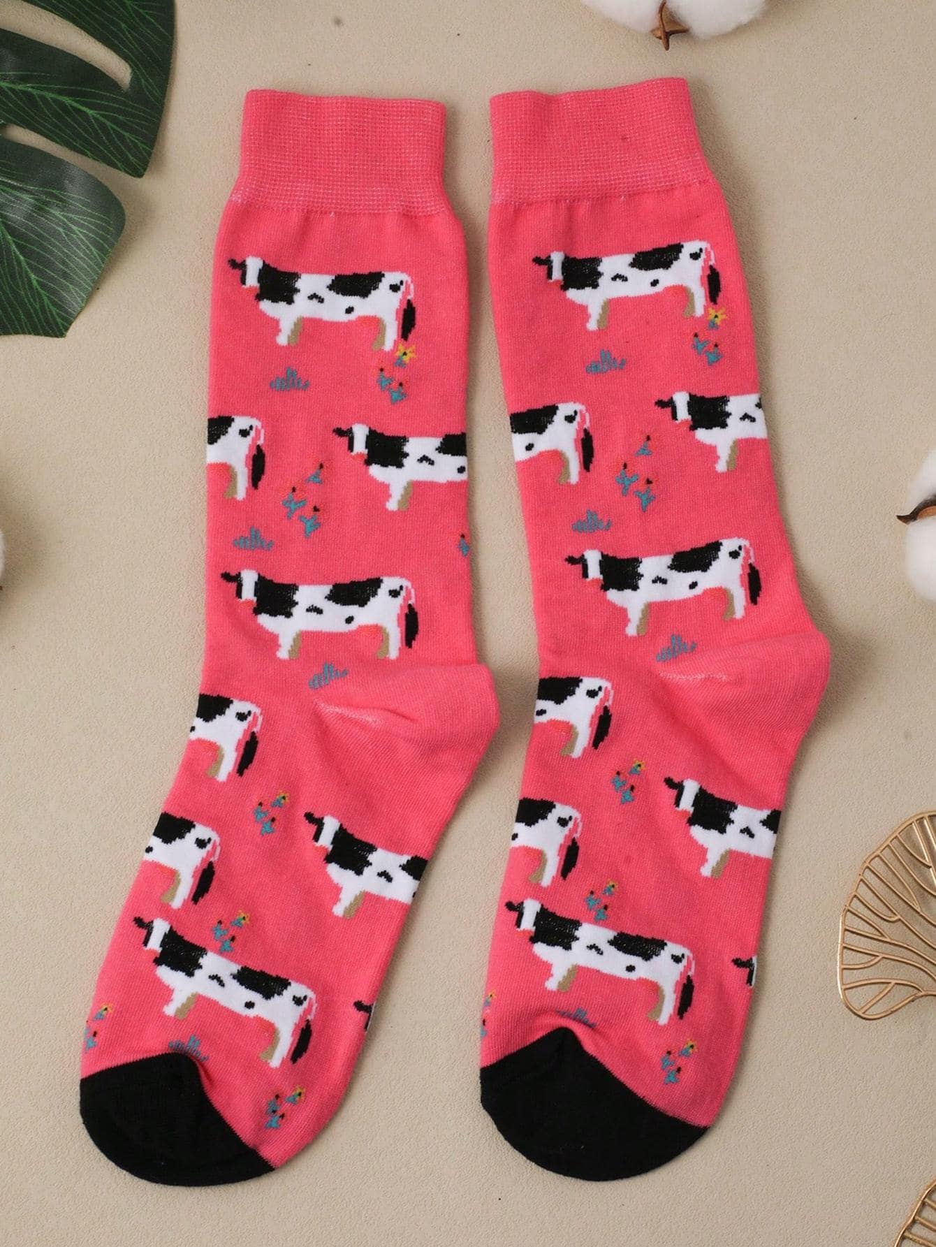 1 Par De Calcetines De Media Pantorrilla Con Estampado De Vaca Para Hombre