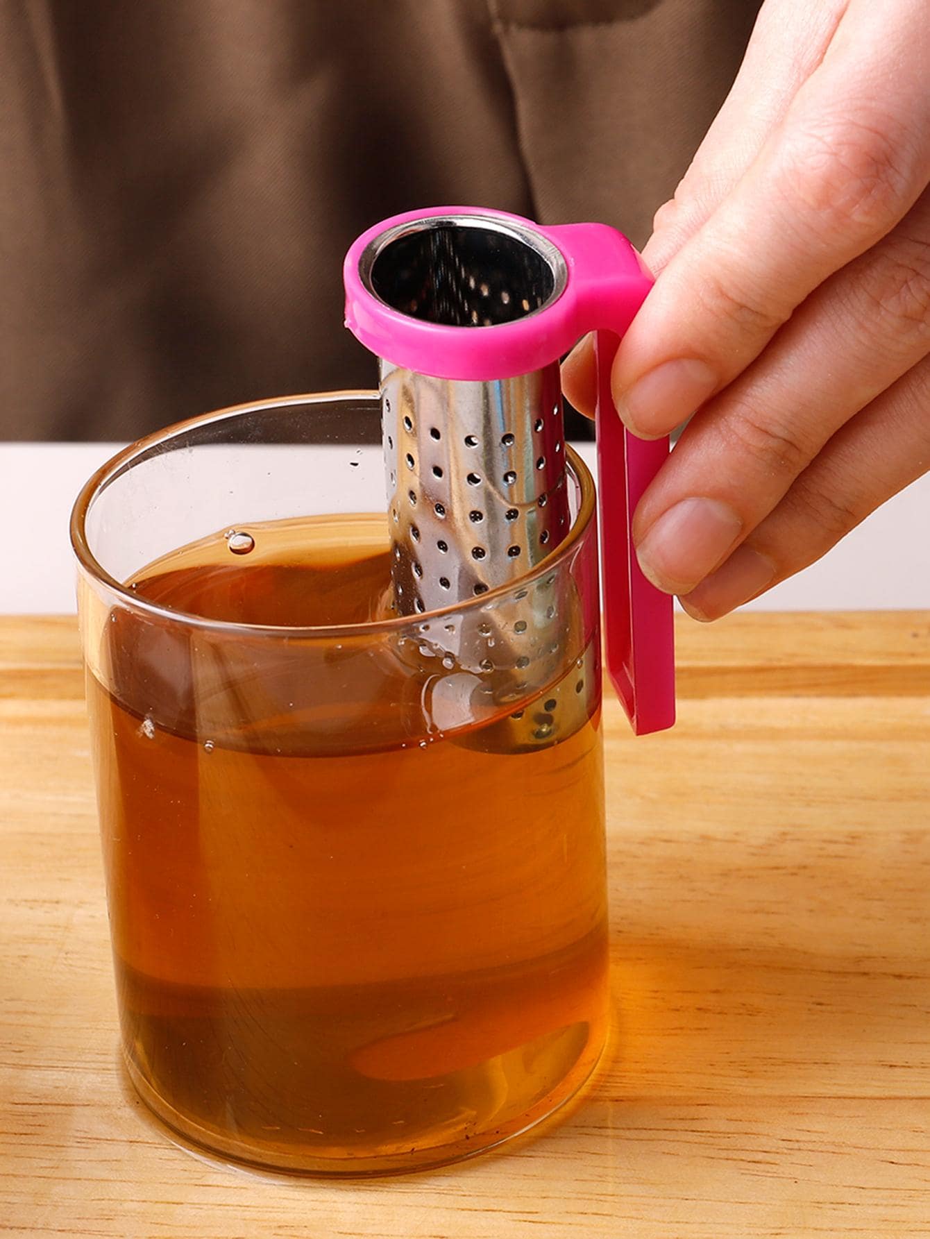 1pc Stainless Steel Cup Shaped Mini Tea Strainer, Rose Red Color Back To School